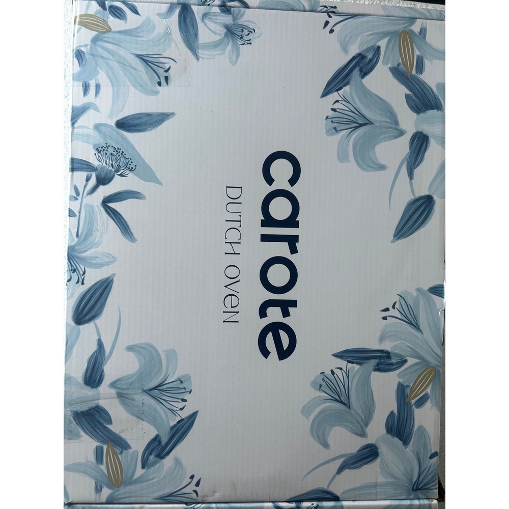 Carote Enameled Cast Iron Dutch Oven White Blue Floral Lily Gold Knob New in Box